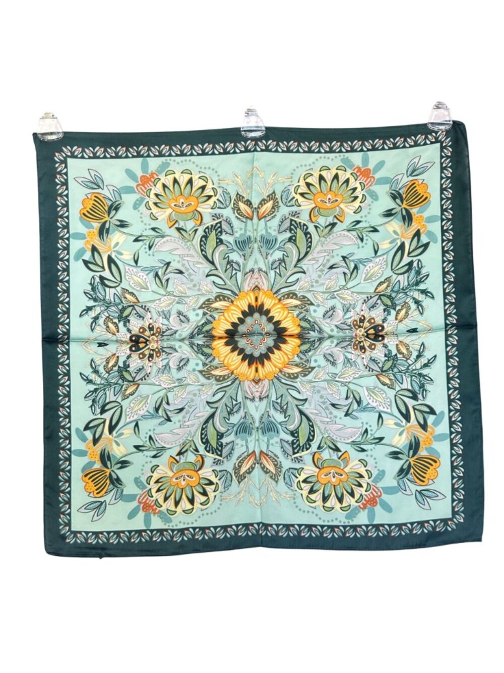 Silky Floral Wreath Square Scarf Green Vintage Inspired Botanical Print headband - Picture 4 of 5